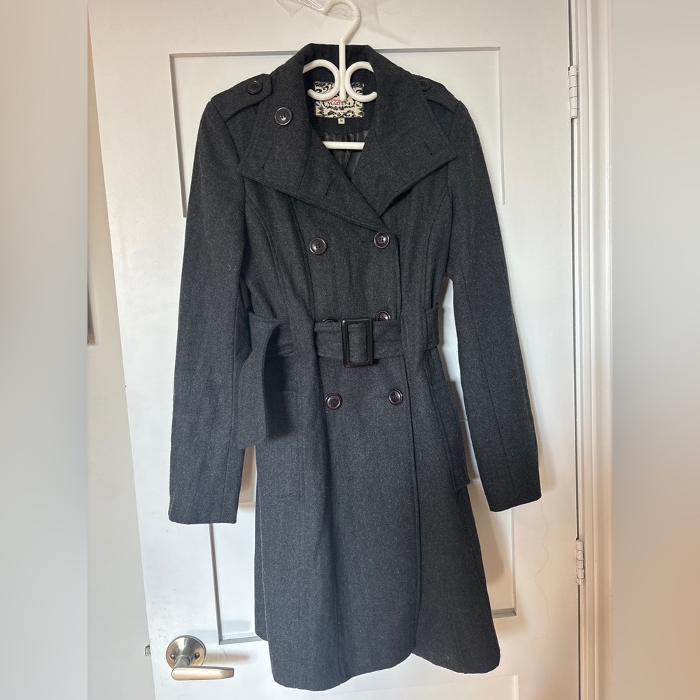 Pink Martini Womens Double-Breasted Wool-Blend Trench Coat - Charcoal